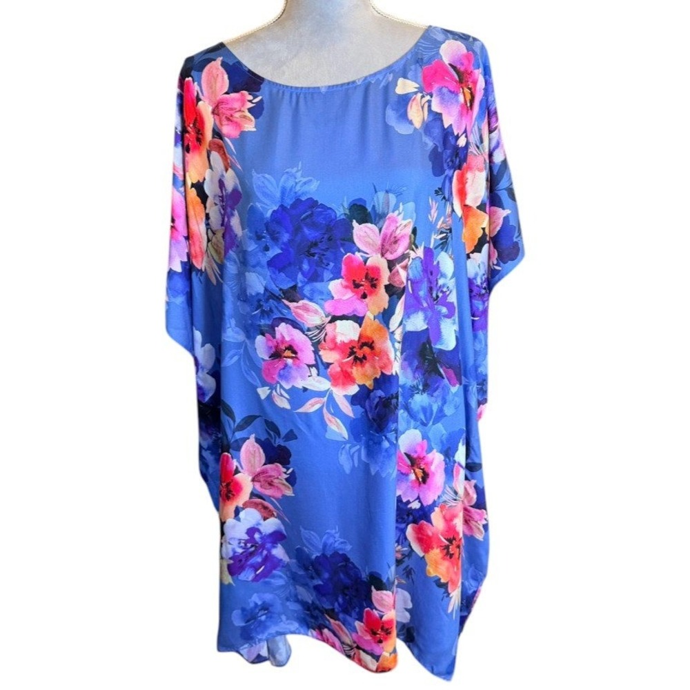JOHNNY WAS Summer Days Floral Print‎ Blue Silk Rayon Kaftan Dress Tunic S